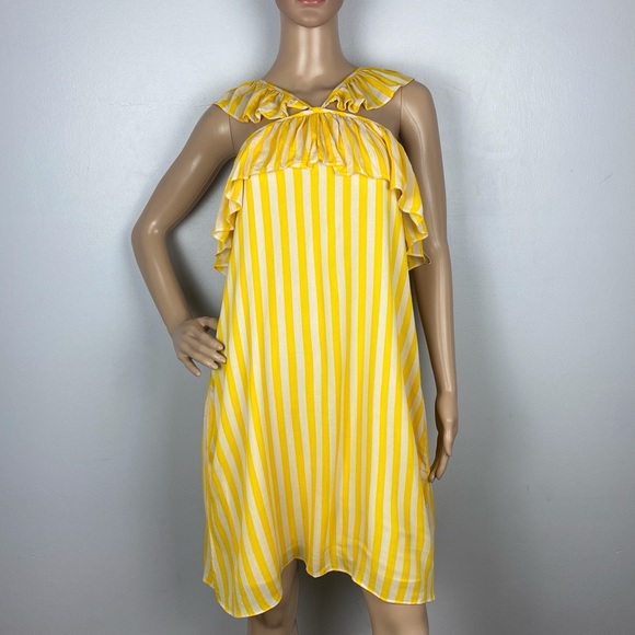 REBECCA MINKOFF YELLOW STRIPED RUFFLE MINI DRESS - Picture 2 of 12